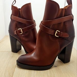 NEW WOMENS COACH JACKSON DARK SADDLE BROWN VEGAN LEATHER ANKLE BOOTS SIZE 9